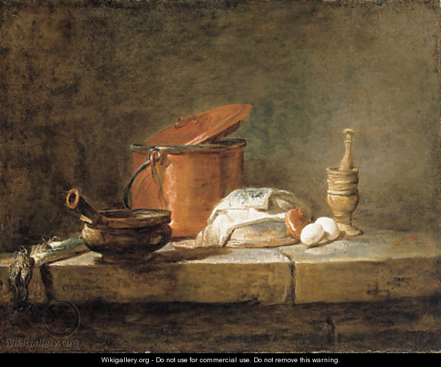 Leeks, a casserole with a cloth, a copper pot and cover, an onion and eggs with a pestle and mortar, on a stone ledge - Jean-Baptiste-Simeon Chardin