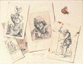 A trompe l'oeil still life of a butterfly and an assortment of prints after Jacques Callot, David Teniers II, Salvator Rosa and Jacques-Louis David - Jean-Joseph-Xavier Bidauld