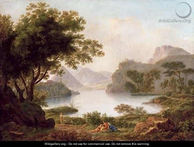 A river landscape with a pyramid, with classical figures on a bank - Jean-Pierre Pequignot