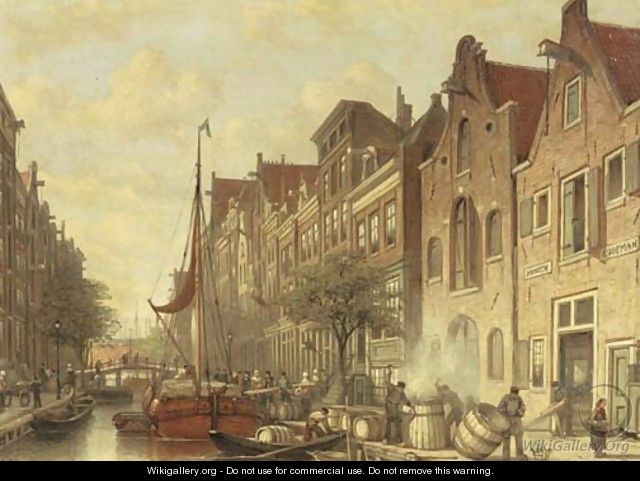 Barrelmakers De Haan en Zonen on the busy Elandsgracht, Amsterdam - Johan Adolph Rust