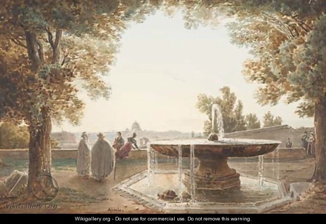 A view of Rome from the terrace of the Villa Medici, a fountain in the foreground - Jodocus Josse Sebastiaen Van Den Abeele