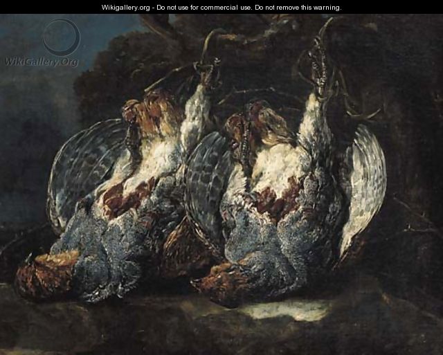 Dead partridges suspended from ropes on a tree in a forest - Jan Fyt
