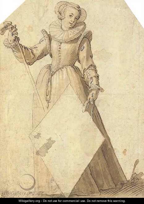 A woman wearing a ruff and bonnet and holding a lozenge-shaped escutcheon - Joachim Anthonisz. Wttewael