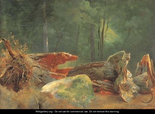 A wooded landscape with a blasted tree by a rock - Jean-Baptiste-Adolphe Gibert