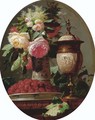 Still Life of Flowers with Raspberries and an Urn on a Table in a painted Oval - Jean-Baptiste Robie