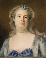 Portrait of Madame Chevotet, bust-length wearing a pale green silk dress with a blue ribbon, a laced bonnet and a pearled necklace - Jean-Baptiste Perronneau