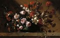 Roses, tulips, lilies and other flowers in a ceramic dish on a stone ledge - Jean-Baptiste Monnoyer