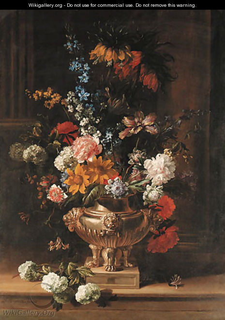 Parrot tulips, chrysanthemum, hydrangea, honeysuckle, borage, paeonies, Crown Imperial fritillaries and other flowers in a sculpted urn on a ledge - Jean-Baptiste Monnoyer