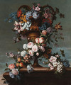 Grapes, peaches, plums, roses, hyacinth, hydrangea and other flowers entwined around a bronze vase - Jean-Baptiste Monnoyer