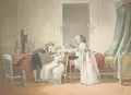 A young man piercing the ear of a young girl seated on the knees of a woman, another bringing an earring - Jean-Baptiste Mallet