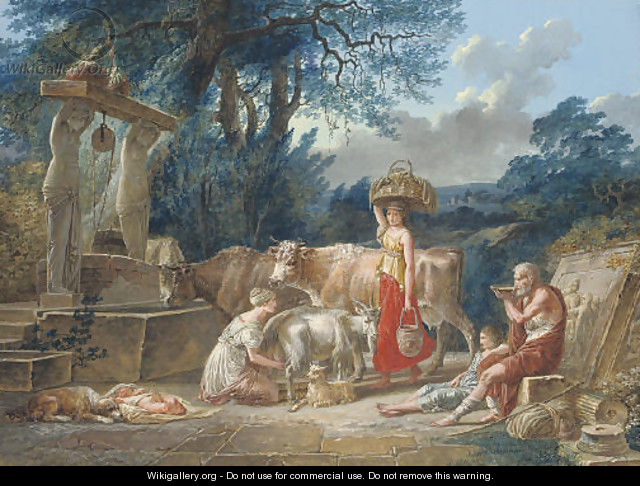 A peasant family and their animals by a well in a classical landscape - Jean-Baptiste Mallet