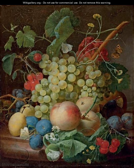 Grapes, cherries, peaches, greengages, plums, daisies and a butterfly on a marble ledge - Jan Frans Eliaerts