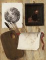 A trompe-l'oeil A palette with a spatula and paint brushes, an engraving, an oil painting, and a drawing with a pen and compass on a wooden partition - Jean-Francois de Le Motte