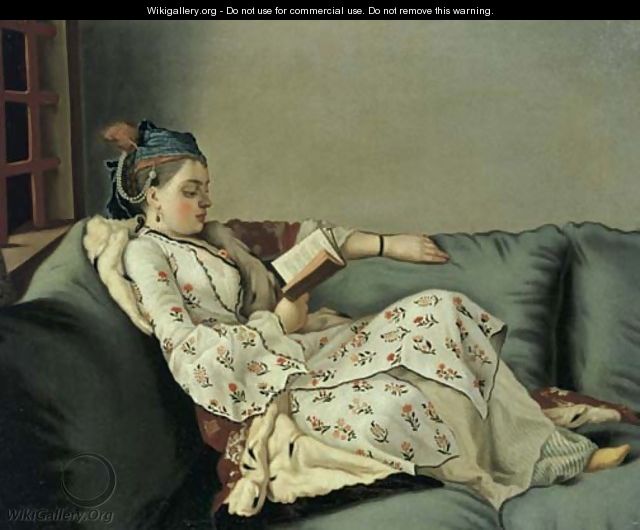 Lady in Turkish costume reading on a divan - Etienne Liotard