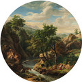 A philosopher and a bear in a mountainous river landscape - Jean-Charles Tardieu