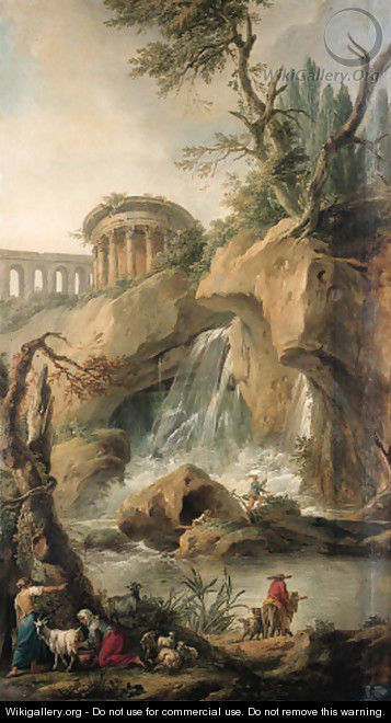 A view of the Falls of Tivoli with a peasant milking a goat, a traveller on a mule with a dog and fishermen on a rock - Jean-Baptiste-Marie Pierre