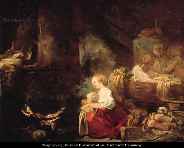 An interior of a barn with a woman and a child by a cauldron, washerwomen nearby - Jean-Honore Fragonard