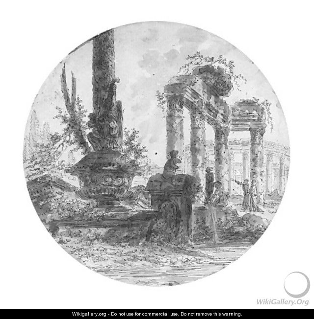 Ruined temples with figures by a fountain; and Ruined temples with figures by a sarcophagus - Jean-Henri-Alexandre Pernet