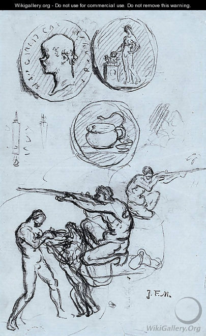 Three studies for antique coins, hunters and a man with a lion - Jean-Francois Millet
