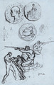 Three studies for antique coins, hunters and a man with a lion - Jean-Francois Millet