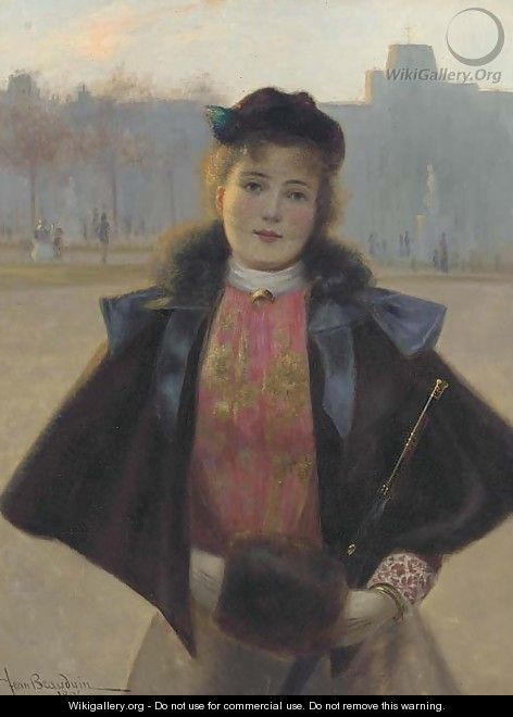 Portrait of a young woman, three quarter length, in a winter park with fur cape, muff and hat - Jean Beauduin