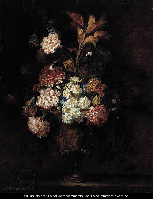Carnations, morning glories, narcissi and other flowers in an urn on a stone plinth - Jean Baptiste Belin de Fontenay