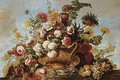 Flowers in a terracotta vase with fruit on a ledge - Jean Baptiste Belin de Fontenay