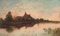 A riverside cottage at sunset - Jean-Pierre-Francois Lamoriniere