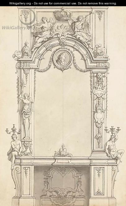 A design for a fireplace below a mirror decorated with a medallion of King Louis XIV and two Allegories of Fortune holding the Royal Crown - Jean I Berain