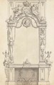 A design for a fireplace below a mirror decorated with a medallion of King Louis XIV and two Allegories of Fortune holding the Royal Crown - Jean I Berain