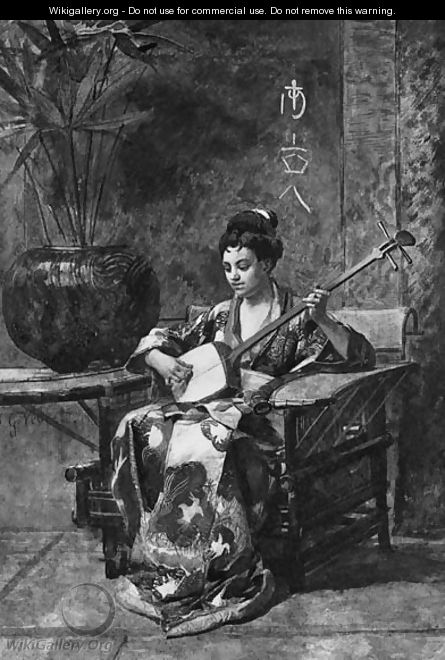 An Oriental Woman Playing A Shamisen - Jehan Georges Vibert