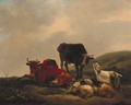 A landscape with a herdsman resting amongst cattle and sheep - Jean Francois Le Gillon
