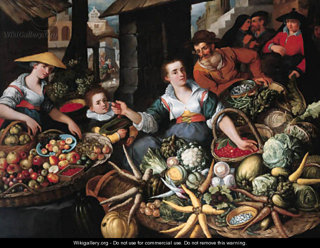 A fruit and vegetable stall in a town market - Jean Baptiste de Saive