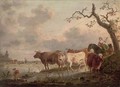 An extensive landscape with herdsmen and cattle watering at a stream - Jean-Baptiste De Roy