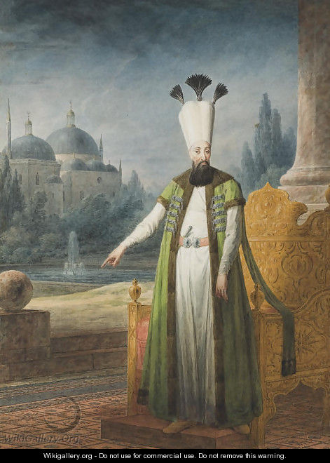 Portrait of Sultan Abd-ul Hamid I standing in front of a golden throne, a domed palace in the distance - Jean-Baptiste Hilaire