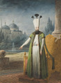 Portrait of Sultan Abd-ul Hamid I standing in front of a golden throne, a domed palace in the distance - Jean-Baptiste Hilaire