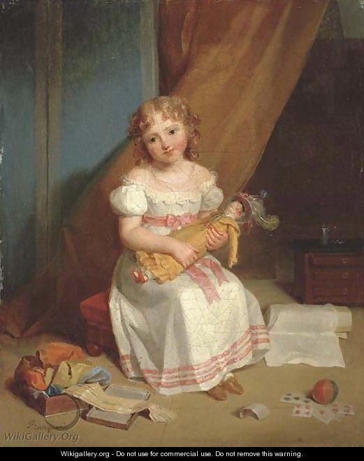 Portrait of a young girl, full-length, in a nursery holding a doll with cards, a ball, and ribbons - Jean Augustin Franquelin