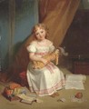 Portrait of a young girl, full-length, in a nursery holding a doll with cards, a ball, and ribbons - Jean Augustin Franquelin