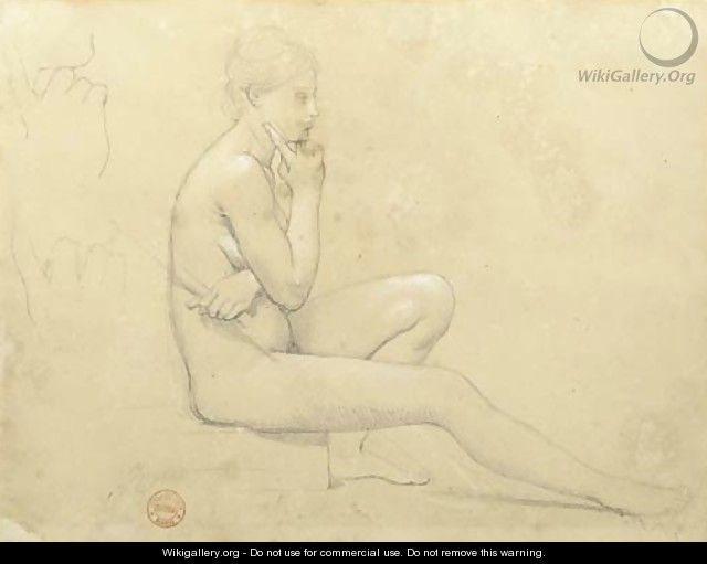 A young nude woman seated in profile to the right, with subsidiary studies of her hand - Jean Auguste Dominique Ingres