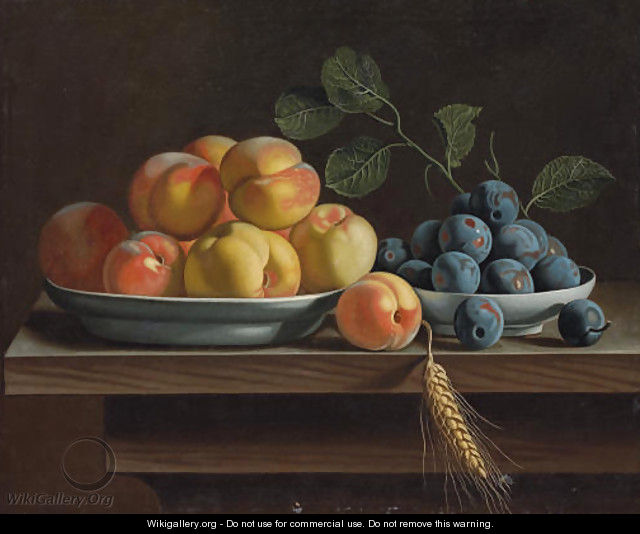 Peaches and plums in white porcelain bowls, with a sheaf of corn on a wooden table - Jean Valette-Falgores