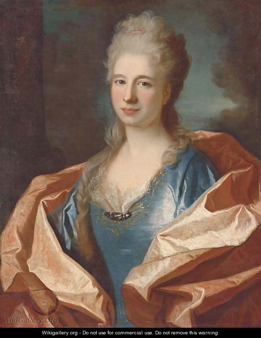 Portrait of a lady, bust-length, in a blue silk dress trimmed with lace and embroidered with gold thread and with a pink silk shawl - Jean Ranc