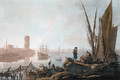 View of the River Tagus with fisherfolk on the shore, numerous vessels and an island with a tower beyond - Jean-Baptiste Pillement