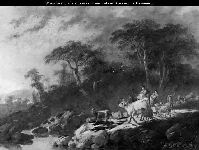 A river landscape with shepherds, cows, goats and sheep in the foreground - Jean-Baptiste Pillement