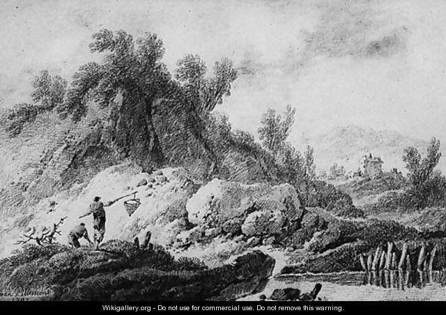 A Landscape with Fishermen by a River; and A Peasant with a Cow and a Sheep resting by a delapidated Tower, a bridge and mountains beyond - Jean-Baptiste Pillement