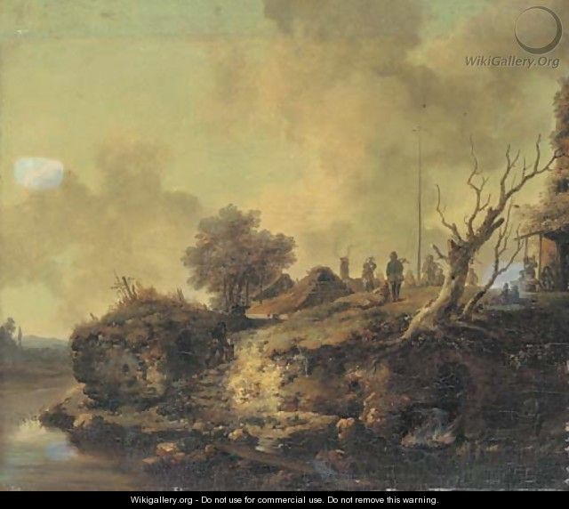 A river landscape with sportsman shooting at a popinjay on the bank - Jean-Baptiste Le Prince