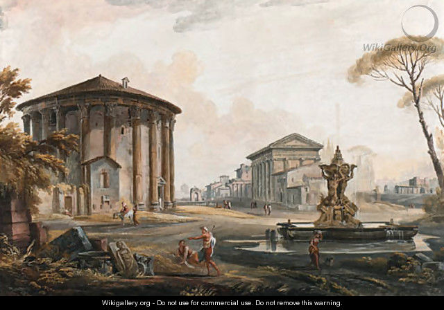 A Capriccio with the Temple of Cybel on Piazza della Bocca della Verita, the Barberini Fountain, the Temple of Antoninus and Faustina - Jean-Baptiste Lallemand