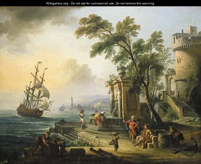 A capriccio of a Mediterranean port with oriental figures, a man-o-war at sea beyond - Jean-Baptiste Lallemand