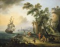 A capriccio of a Mediterranean port with oriental figures, a man-o-war at sea beyond - Jean-Baptiste Lallemand