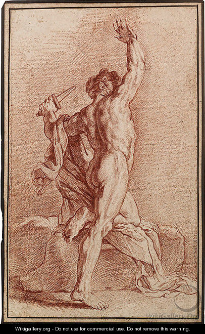 A nude seen from behind, holding a dagger and kneeling on a rock - Jean-baptiste Jouvenet