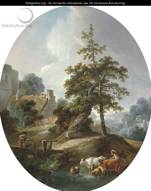 Landscape with a young boy and a shepherdess with cows and sheep - Jean-Baptiste Huet